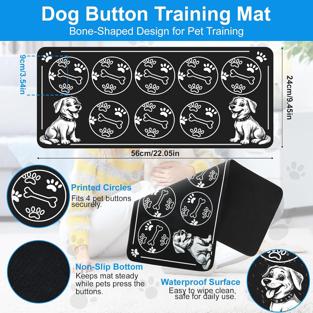 Interactive voice recording pet buzzers set neatly arranged on two waterproof non-slip placement mats