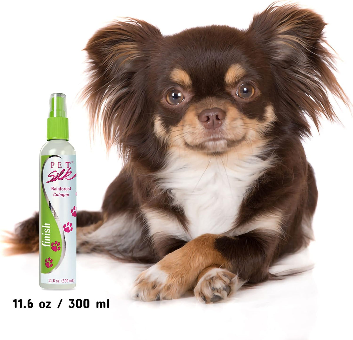 Complete packaging of Pet Silk 11.6 Ounce pet grooming spray cologne.