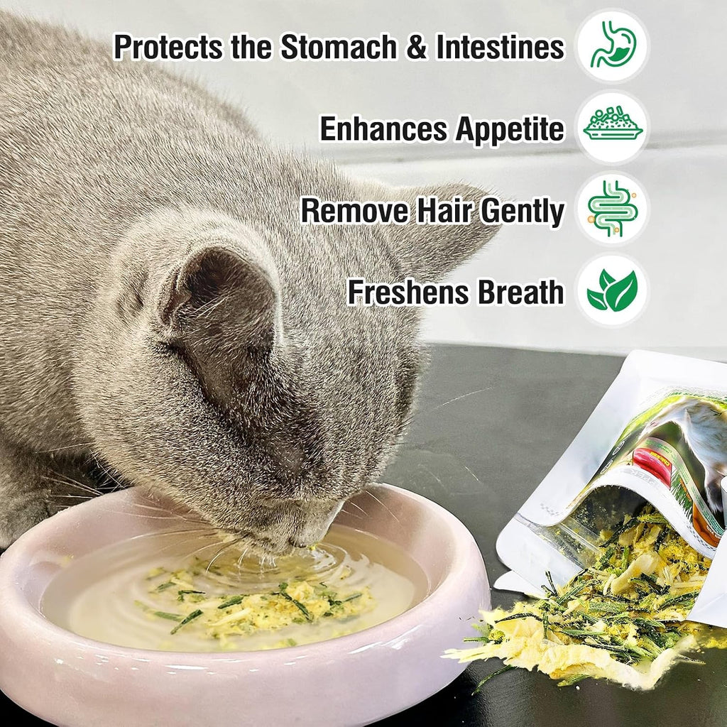 Glopawear indoor cat digestive health treats 2.3 ounce resealable bag back label instructions.