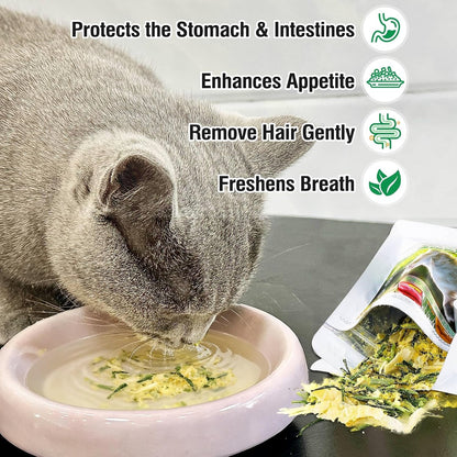 Glopawear indoor cat digestive health treats 2.3 ounce resealable bag back label instructions.