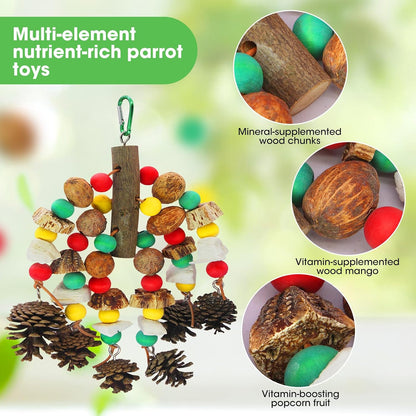 Close up view of the authentic cuttlefish bones and pine cones on the bird chew toy