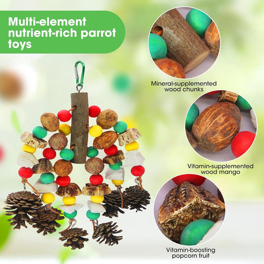 Close up view of the authentic cuttlefish bones and pine cones on the bird chew toy