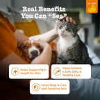 Zesty Paws pet fish oil liquid supplement being pumped onto dog kibble