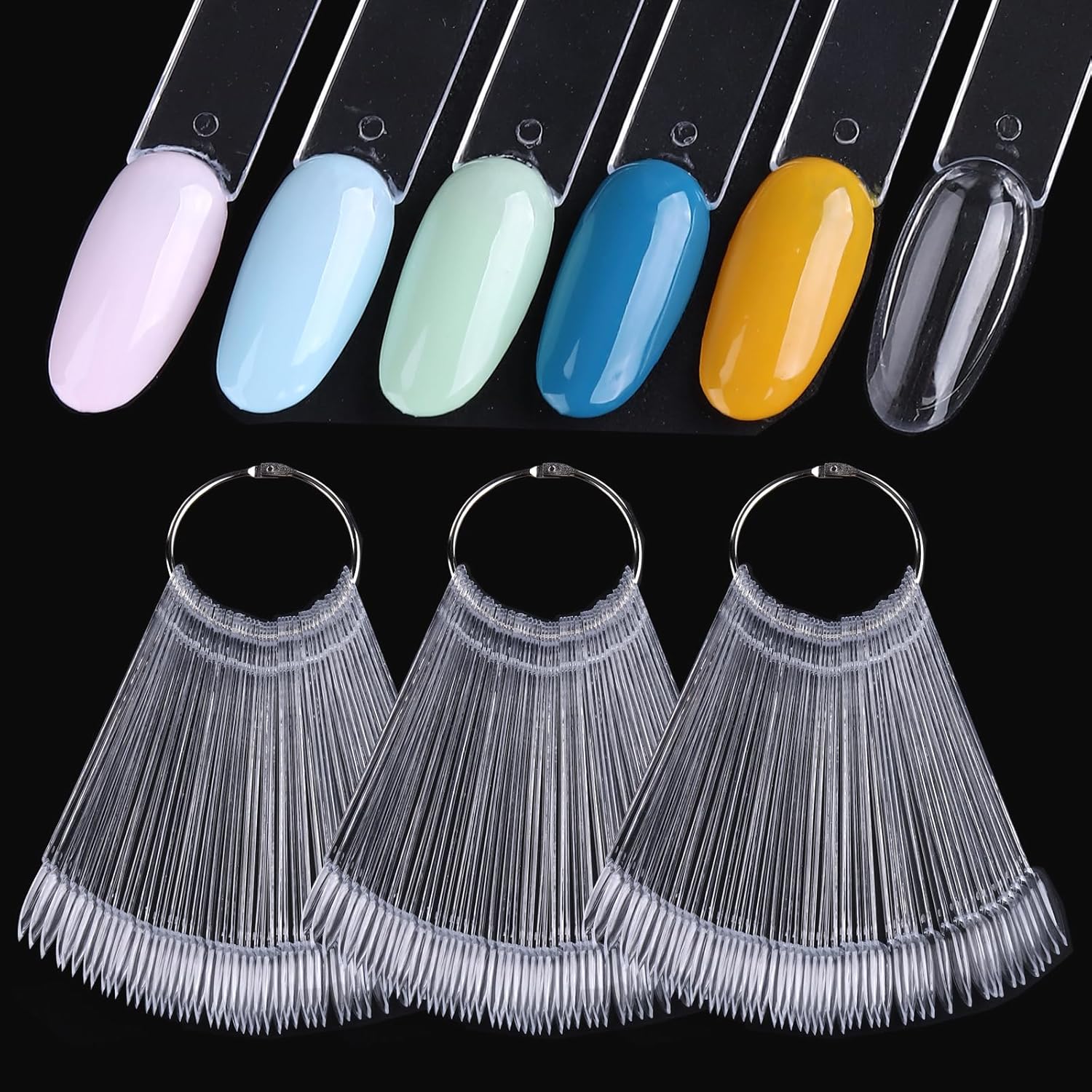 Sutokaka 150 piece clear nail swatch sticks set with metal rings.