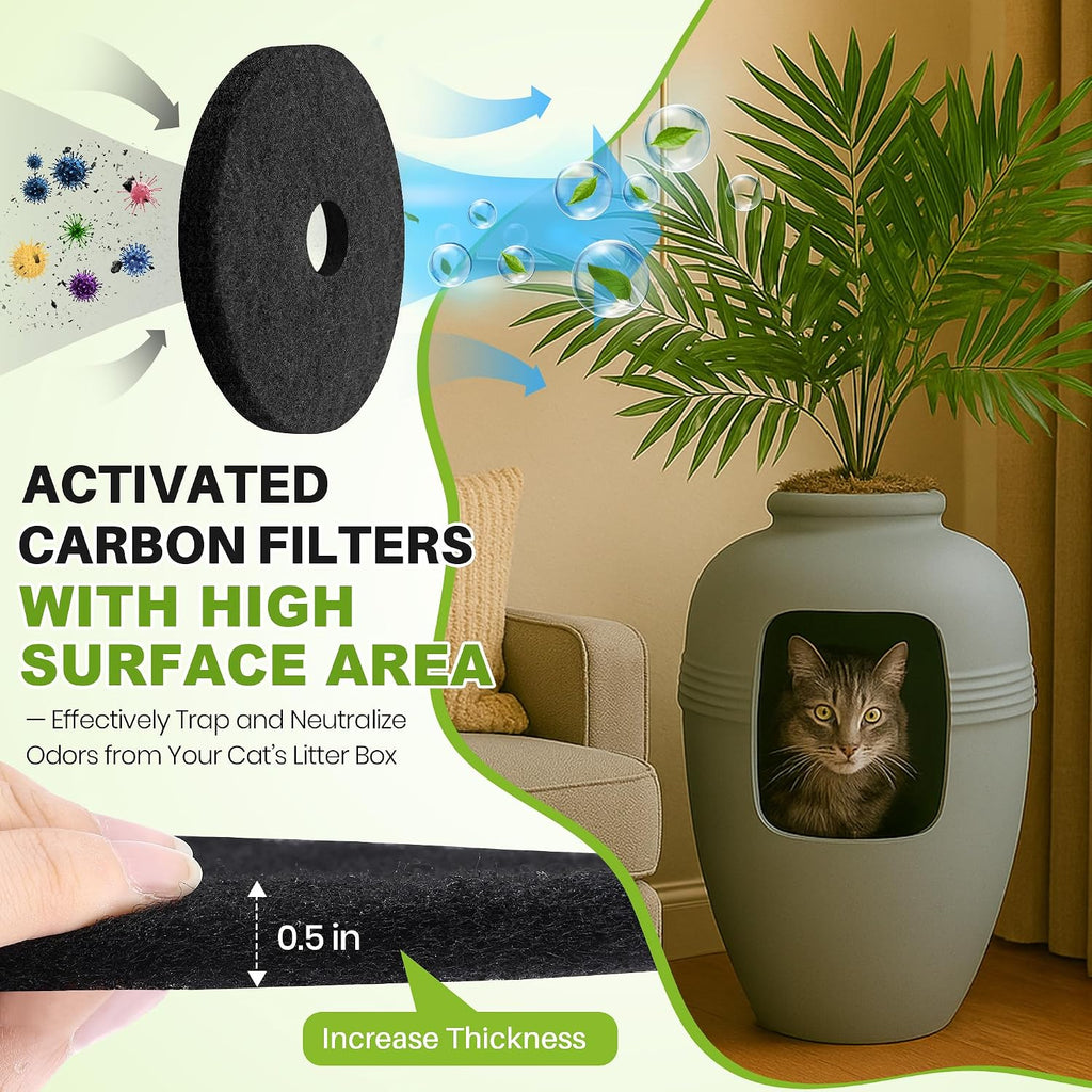 Non toxic ammonia neutralizing cat litter box filter pads dimensions and packaging view