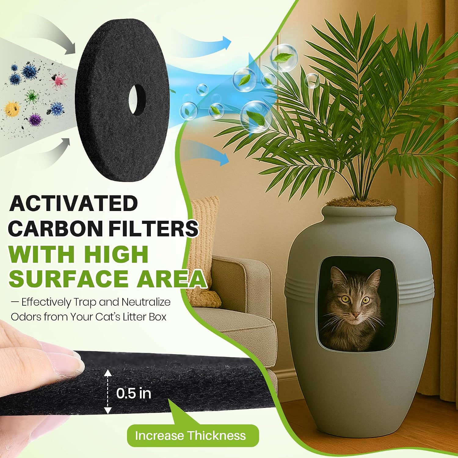 Non toxic ammonia neutralizing cat litter box filter pads dimensions and packaging view