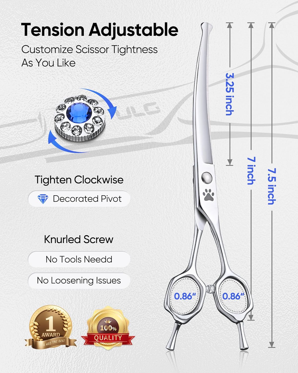 Premium ULG pet grooming scissors showing adjustable rotary tension screw mechanism.