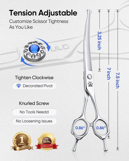 Premium ULG pet grooming scissors showing adjustable rotary tension screw mechanism.