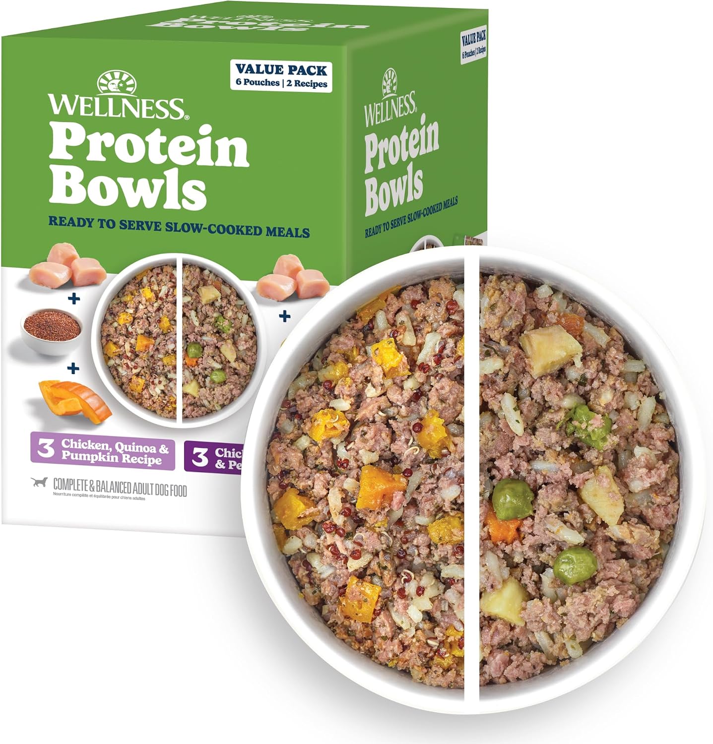 Wellness Signature Selects Protein Bowls Chicken Variety Pack front view showing six wet dog food pouches.