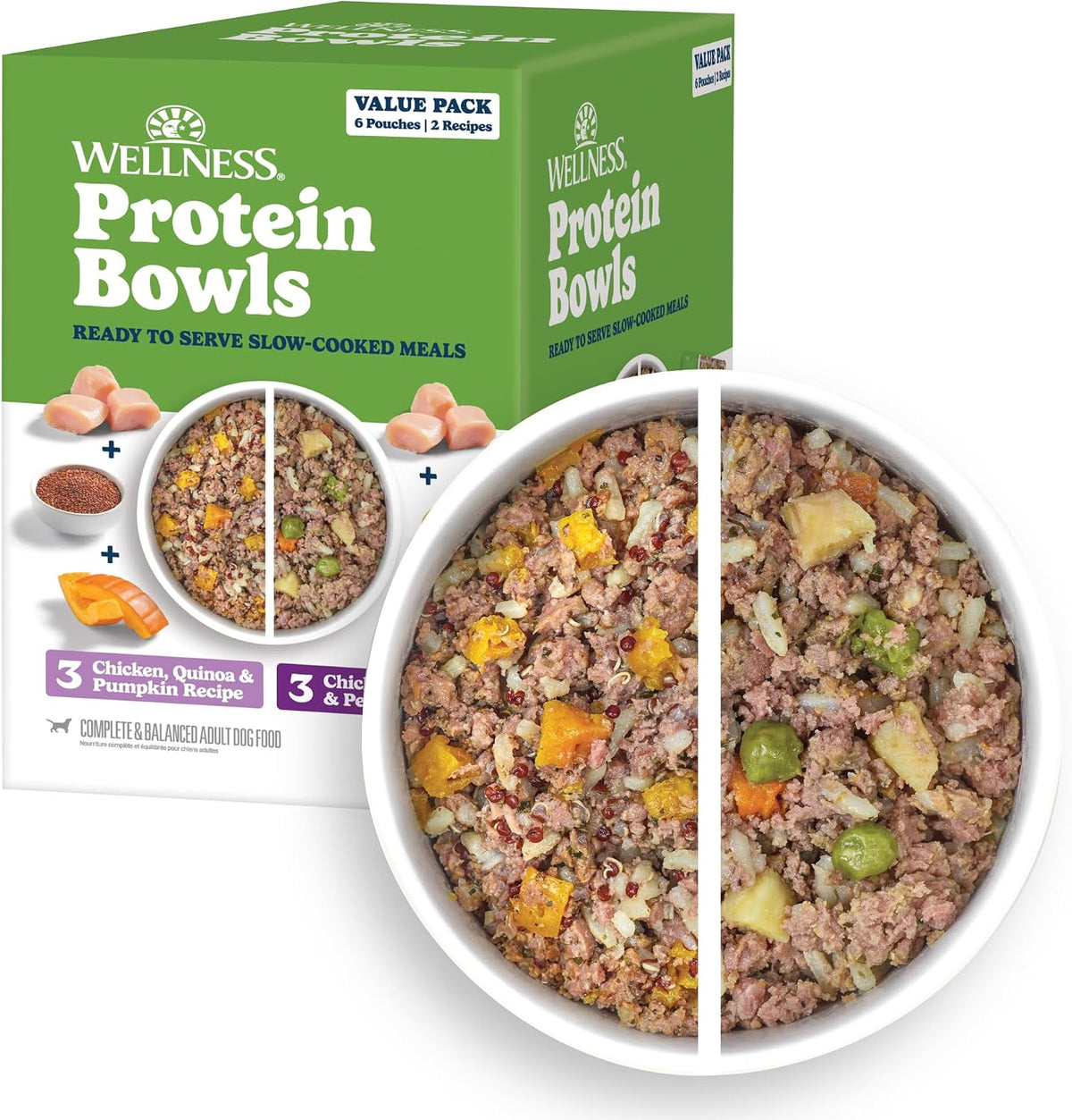 Wellness Signature Selects Protein Bowls Chicken Variety Pack front view showing six wet dog food pouches.