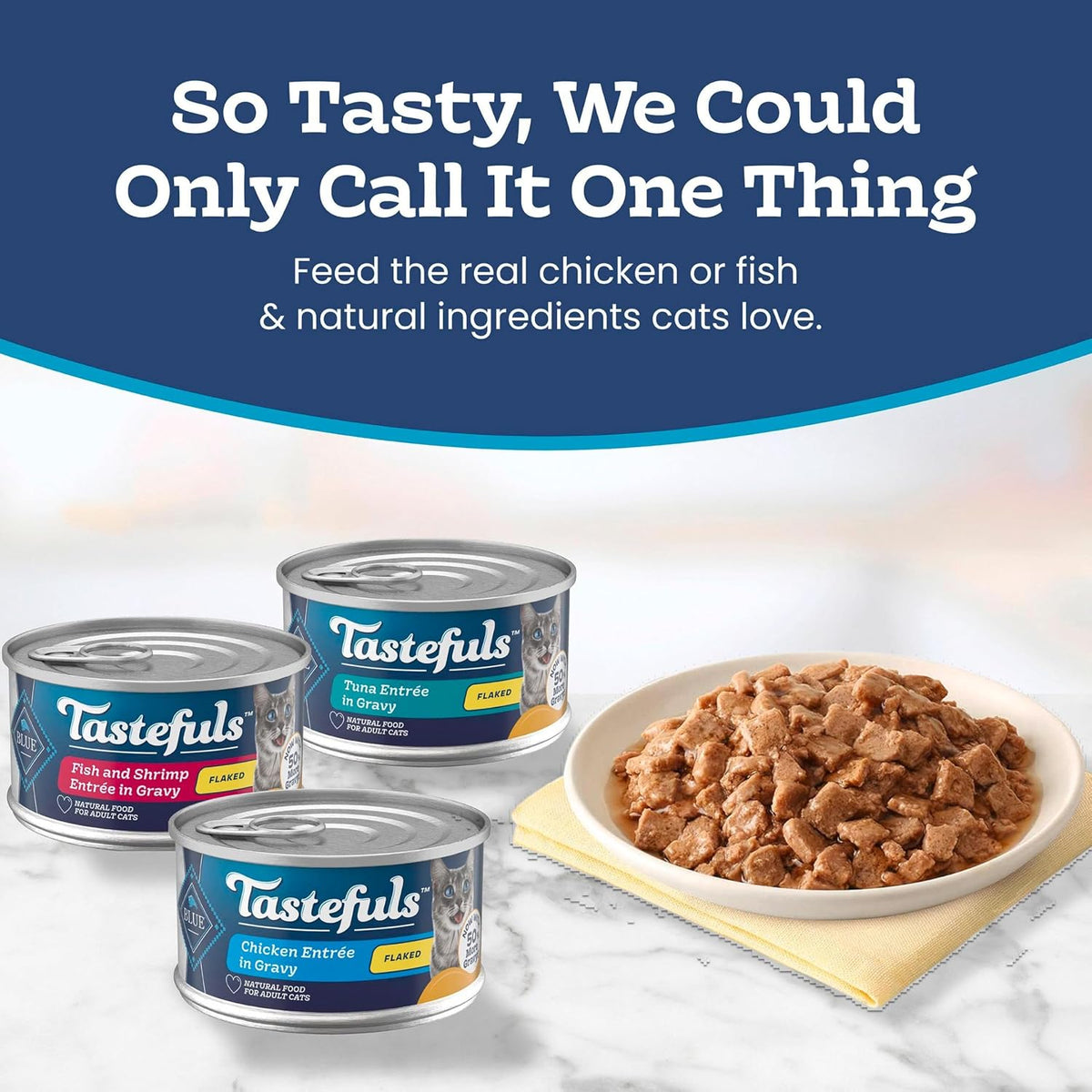 Blue Buffalo chicken tuna and shrimp flaked entrees in gravy cans layout