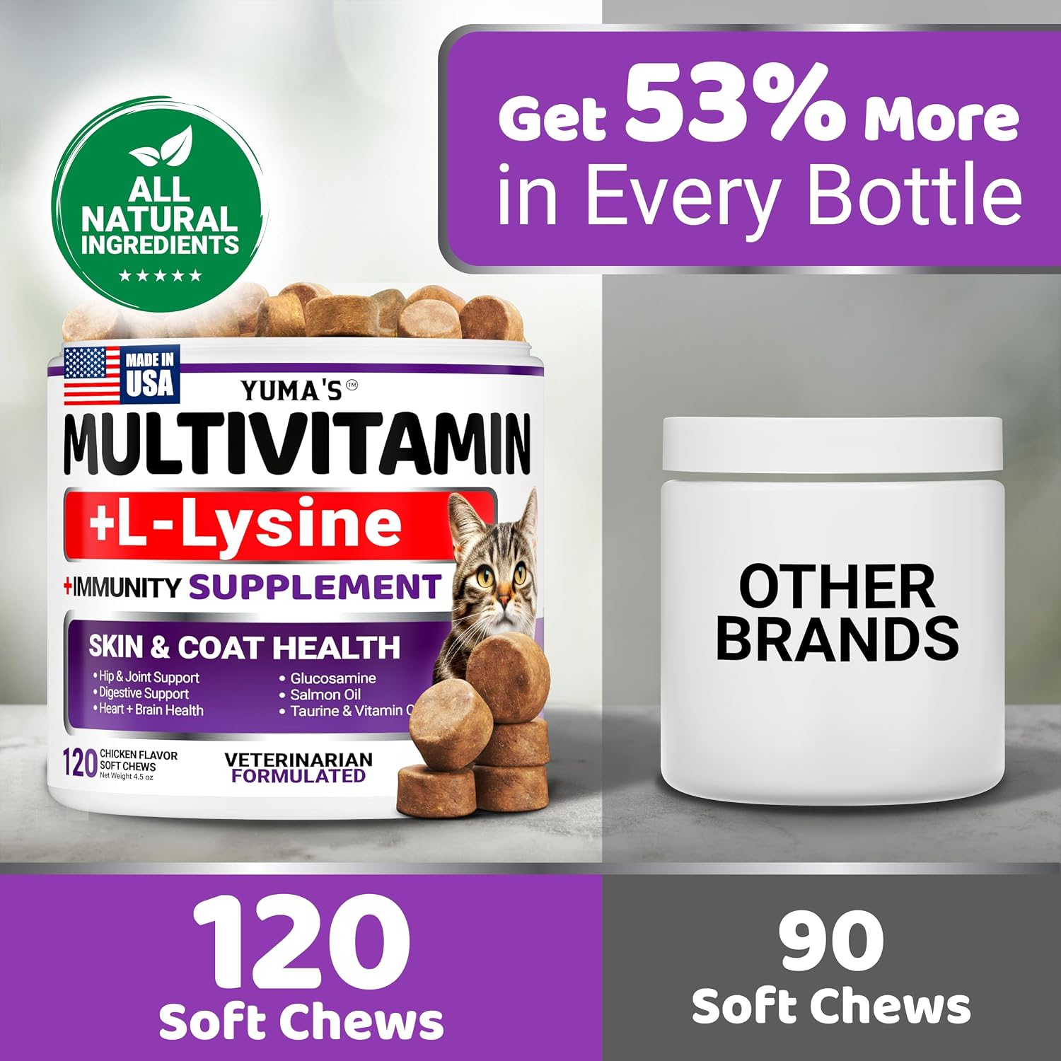 USA imported cat multivitamin soft chews showing ingredient details and benefits.