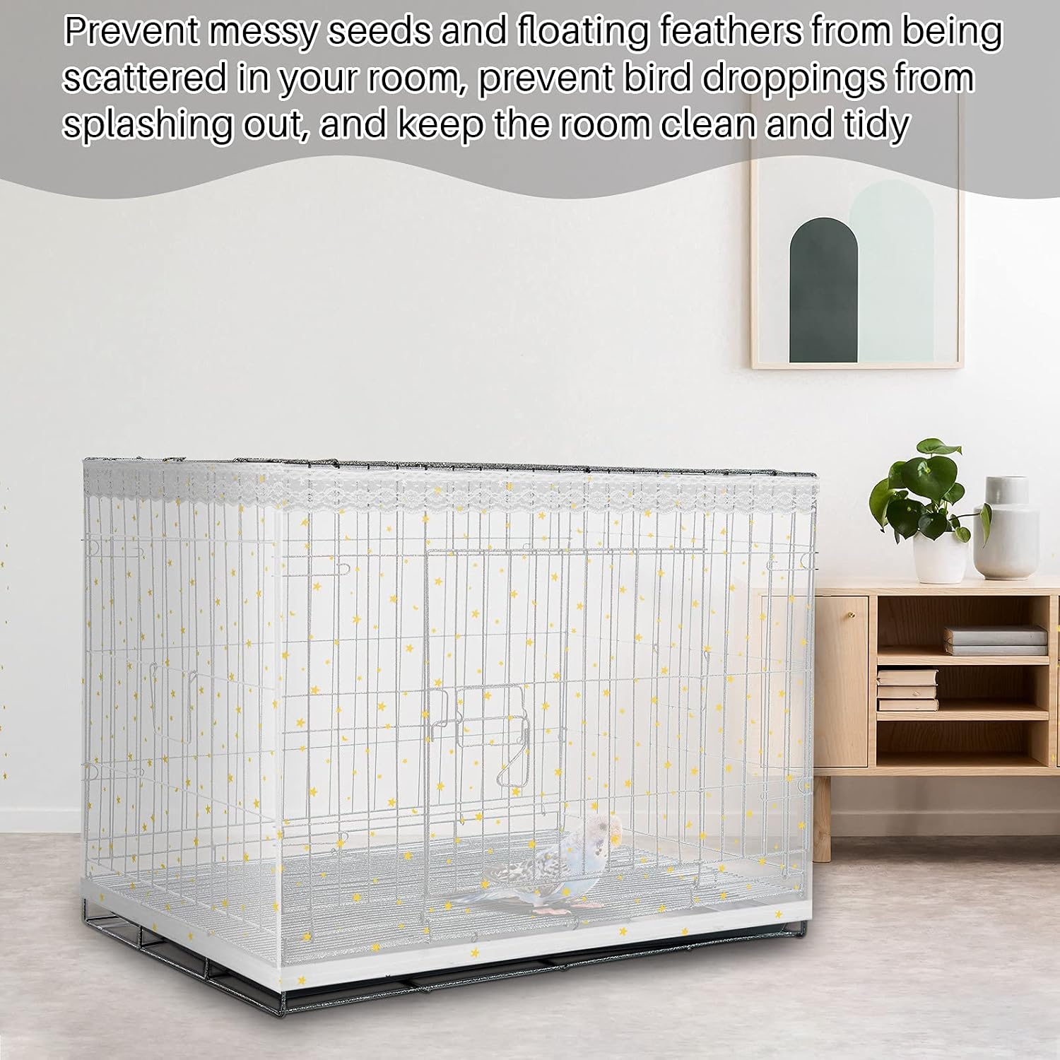 White universal birdcage cover skirt stretched around a round parakeet cage