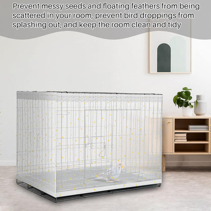 White universal birdcage cover skirt stretched around a round parakeet cage