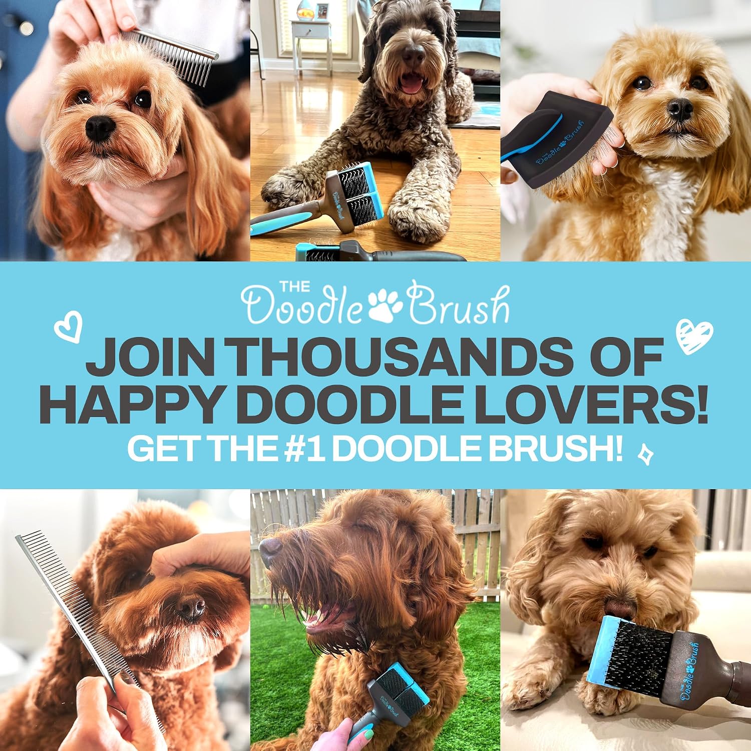 The Doodle Brush finishing comb showcasing rounded safety tips for gentle undercoat mat removal.