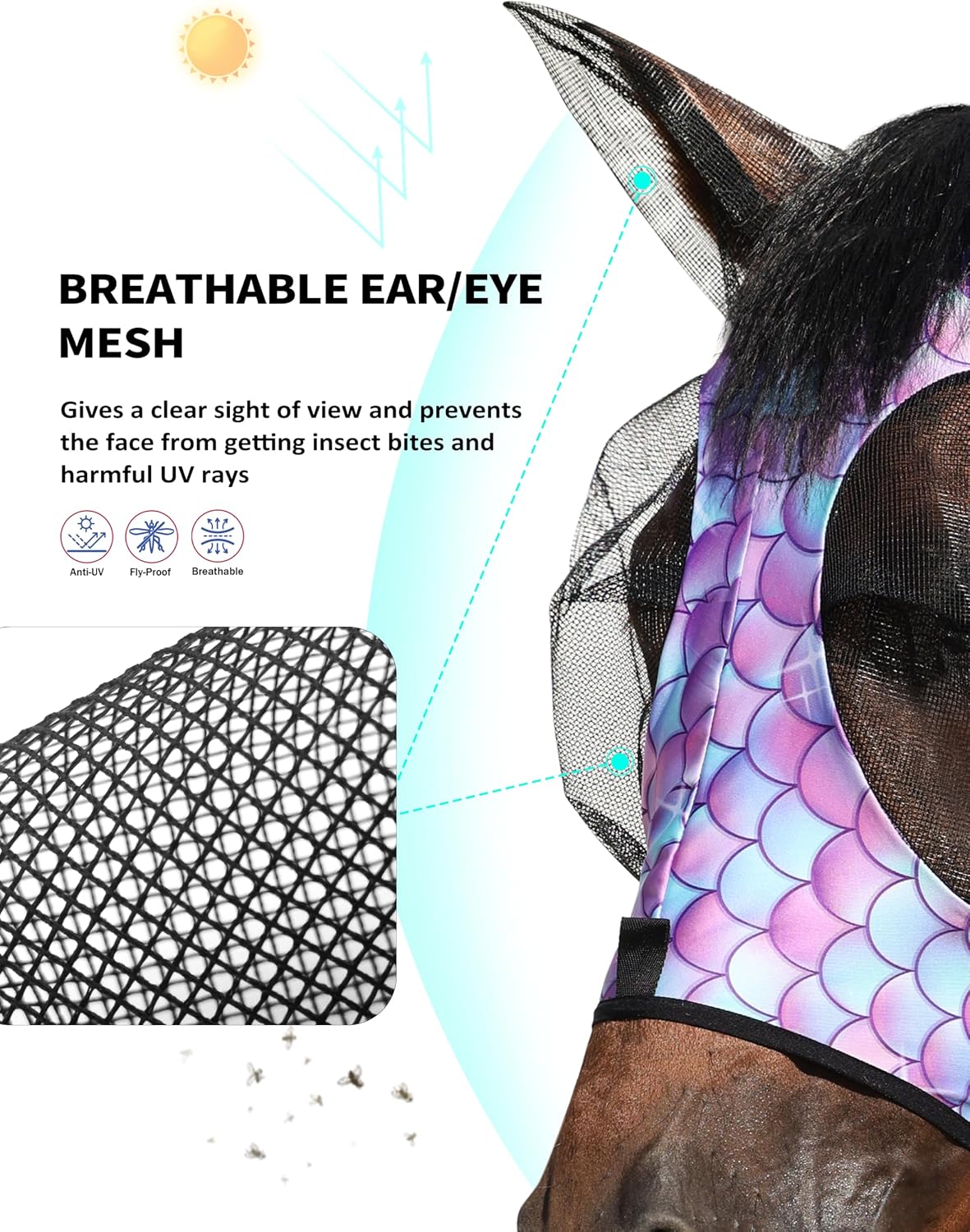 Side profile of horse wearing Harrison Howard fly mask
