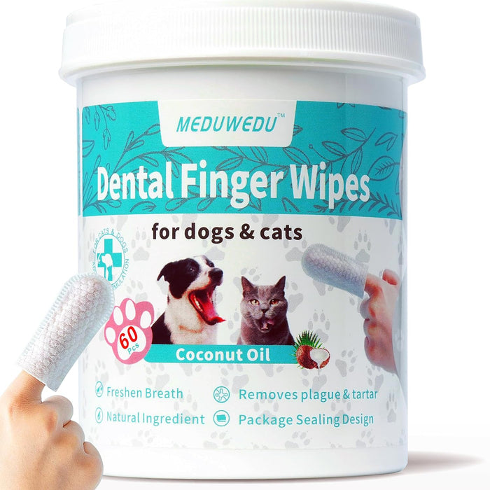 Dental Care Finger Wipes 60 Counts,Teeth Cleaning Finger Wipes for Dogs & Cats,Reduces Plaque & Supports Oral Freshness, Coconut Scent - Image 1