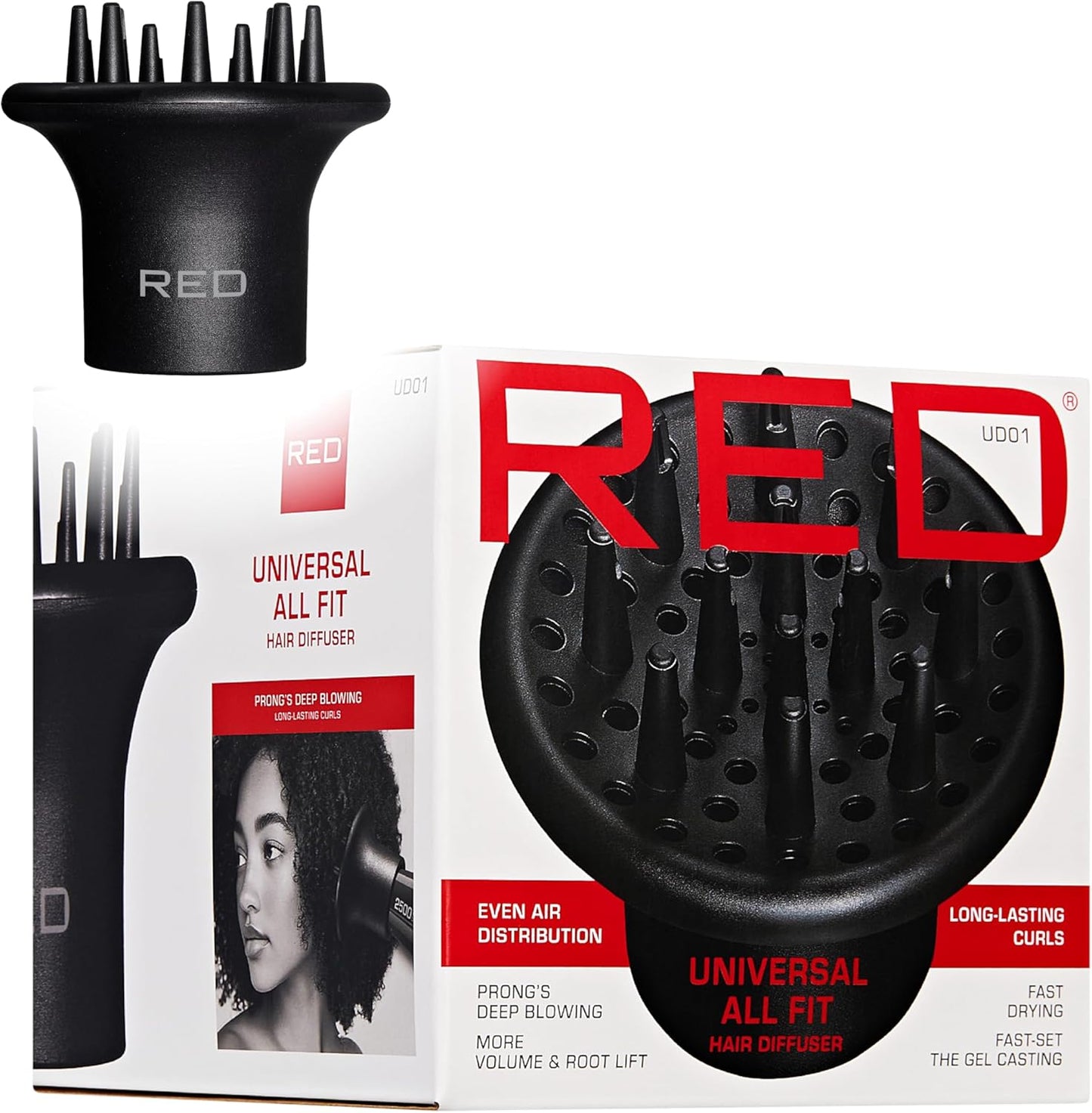 Red by Kiss Universal Hair Dryer Diffuser front view showcasing the long prongs for curly hair volume.