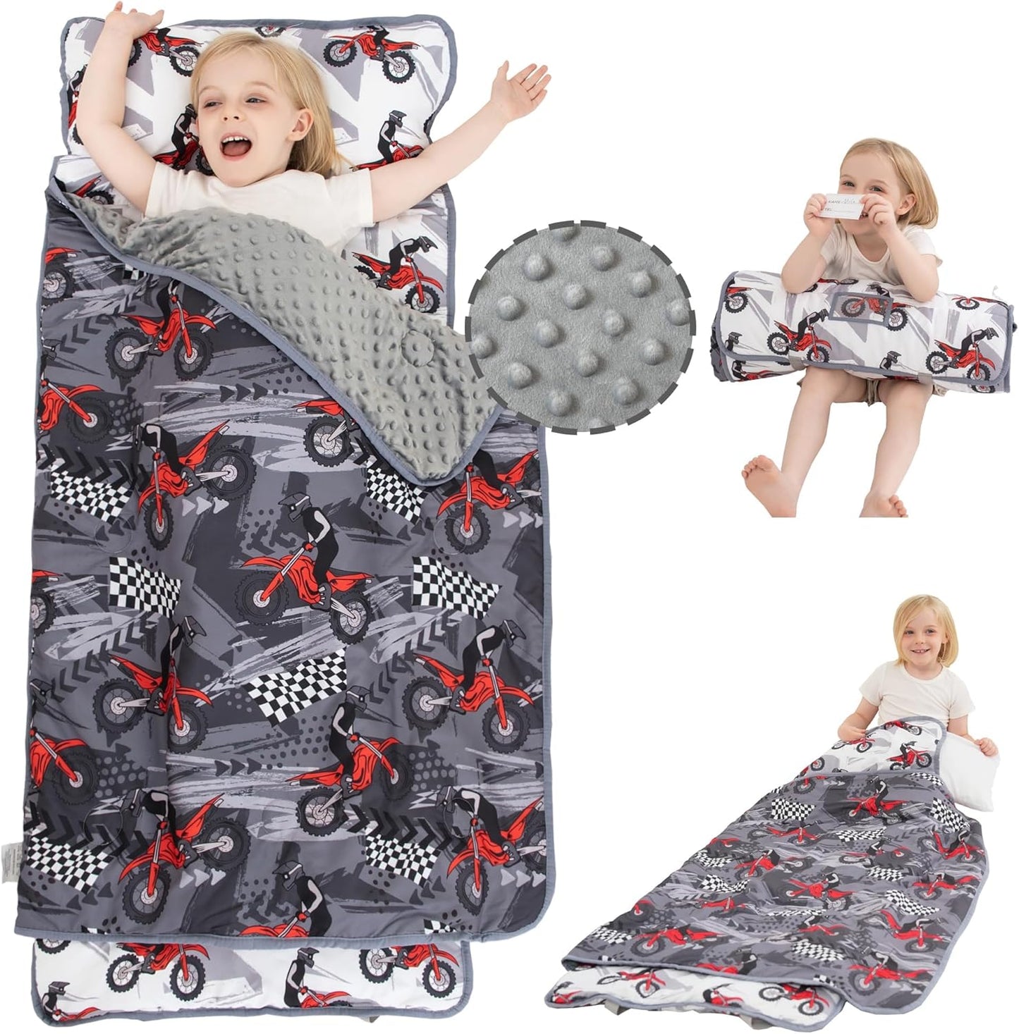 Viviland Toddler Nap Mat front view showing the cool motorcycle pattern unrolled with attached pillow