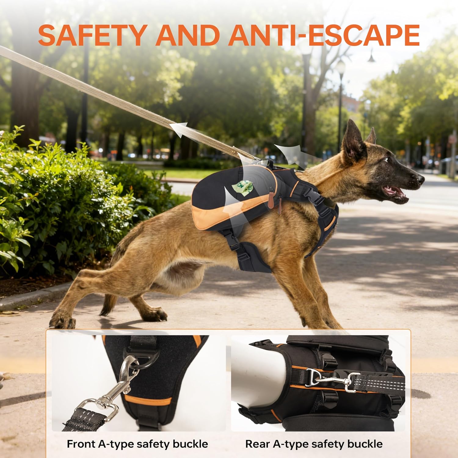 Top non-slip rubber handle and metal no-pull leash attachment ring.