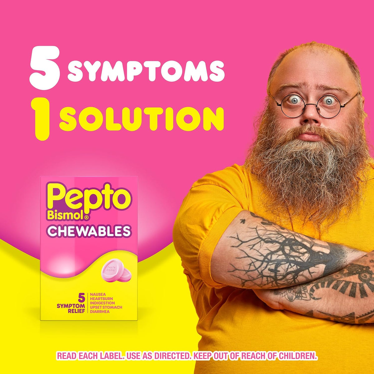 Pepto Bismol five symptom relief details on box