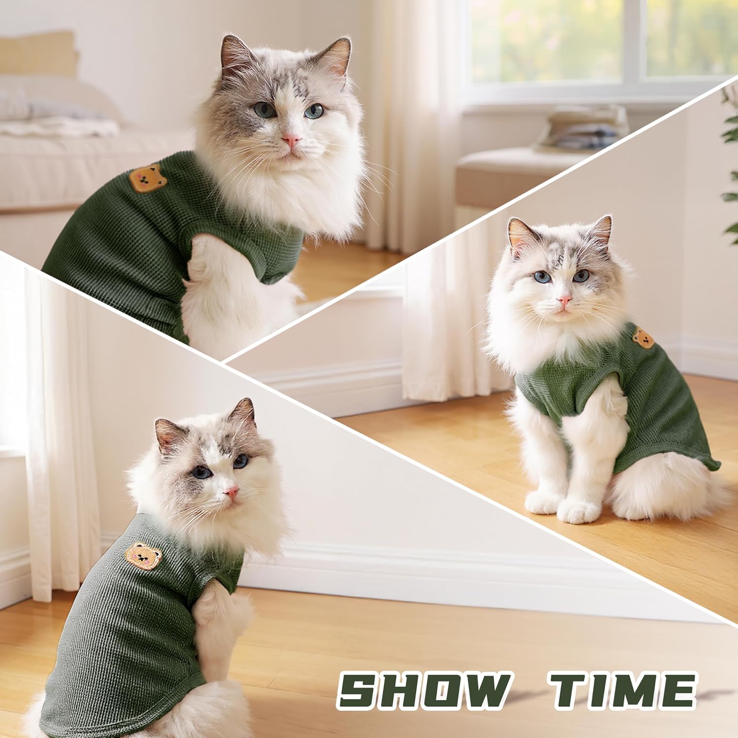 Small dog wearing stretchable green puppy shirt