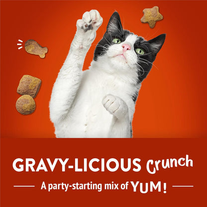Friskies chicken and gravy flavor adult cat treats thirty ounce packaging close up.