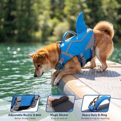 Premium imported blue shark dog life vest for pool and beach safety