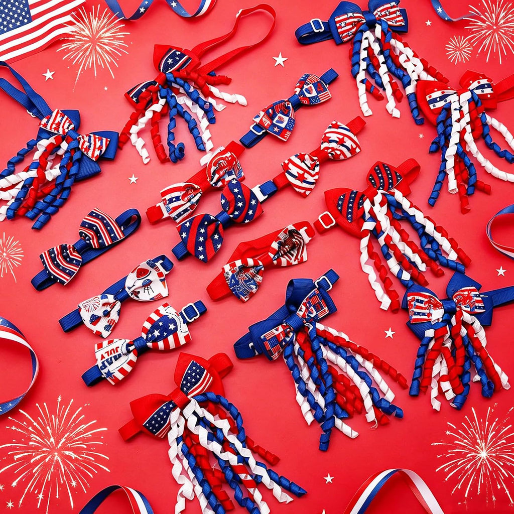 Different styles of USA themed red and blue pet neck decorations for cats and dogs.