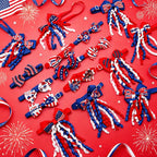 Different styles of USA themed red and blue pet neck decorations for cats and dogs.