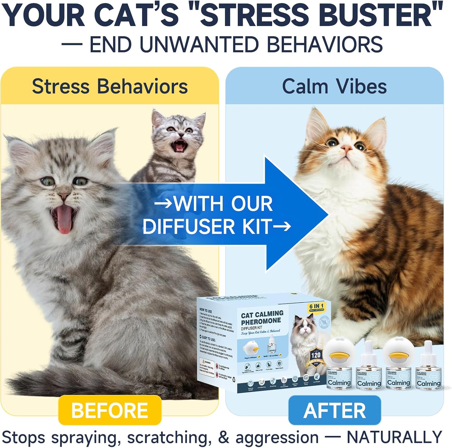 Six in one cat calming kit layout showcasing two diffusers and four forty eight milliliter pheromone liquids