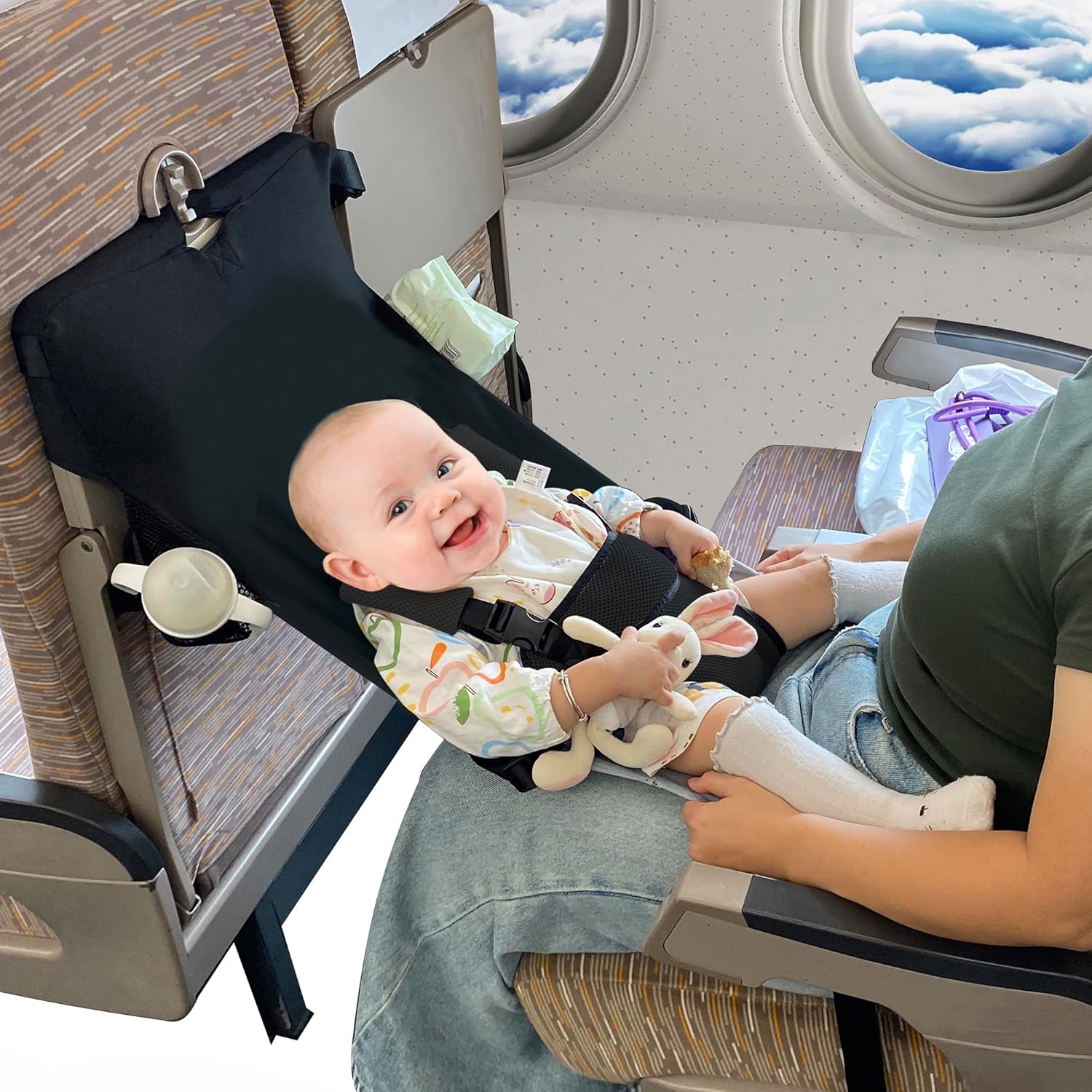 HASTHIP baby airplane bed front view showing the premium black velvet fabric and secure attachment straps.