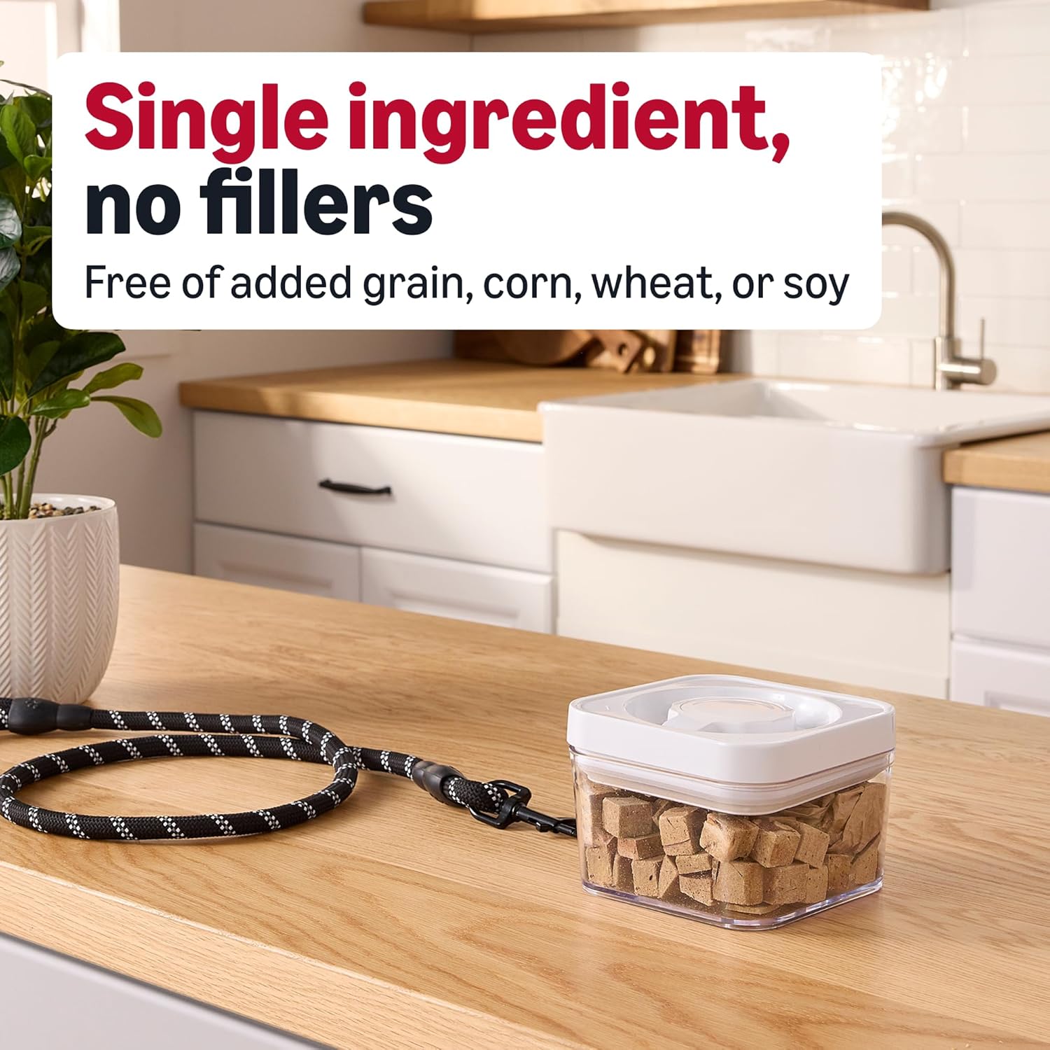 Amazon Basics dog food topper and healthy reward treats packaging details