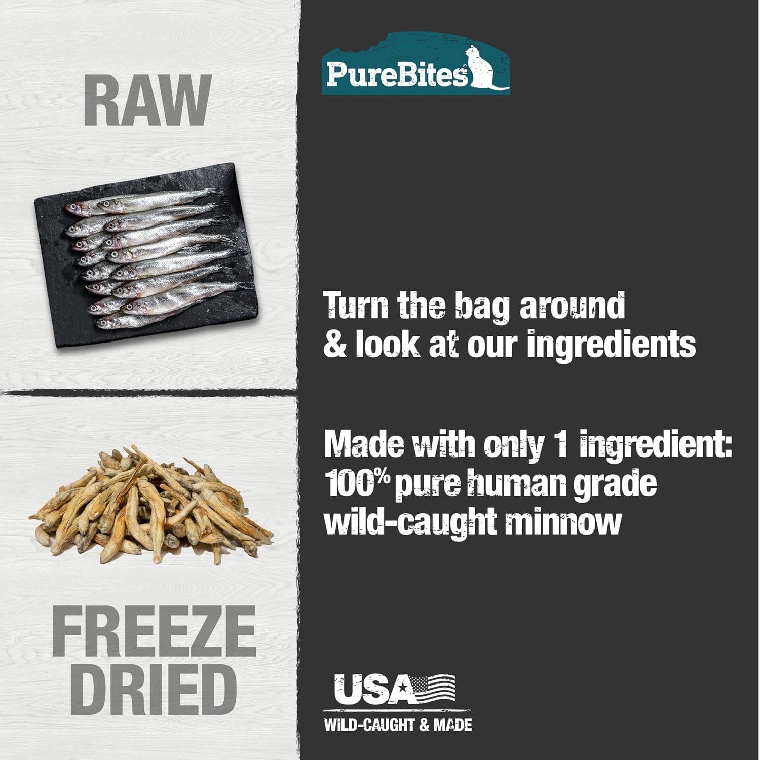 Authentic raw whole food minnow treats for cats displayed outside the packaging.