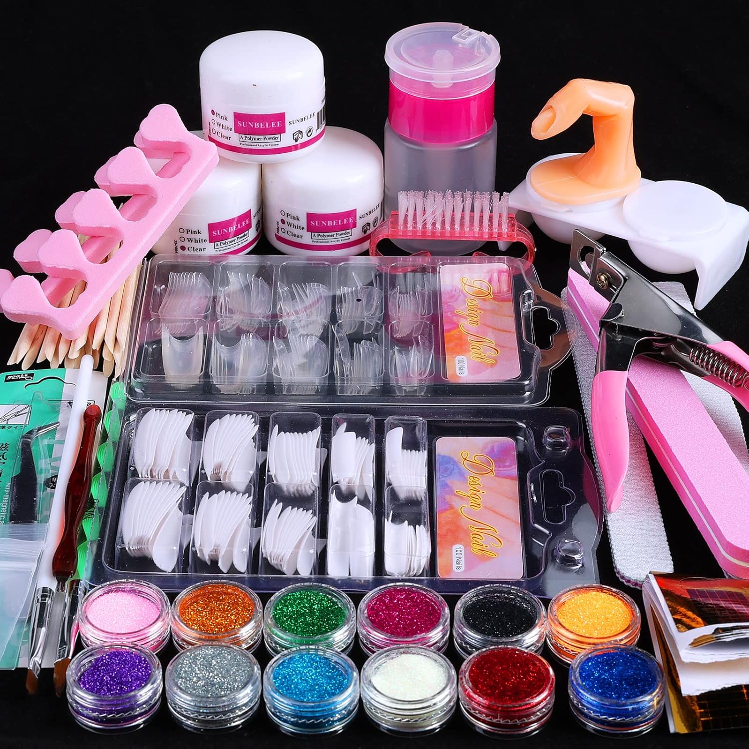 Sunbelee professional acrylic nail kit with 12 glitter powders front view