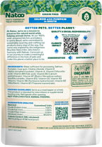 Premium grain free dog food mixer pouch back label showing nutritional benefits and instructions.