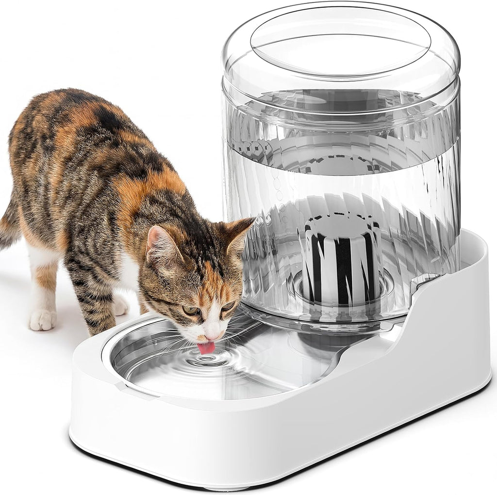 JUNSPOW automatic cat water dispenser front view with stainless steel bowl