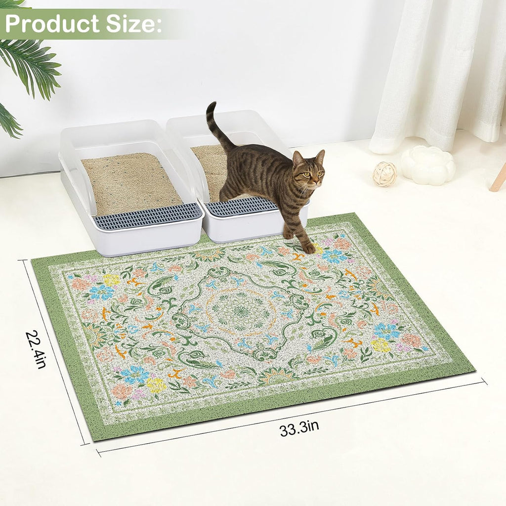 Glittme waterproof kitty litter box mat showing the non slip backing on the floor