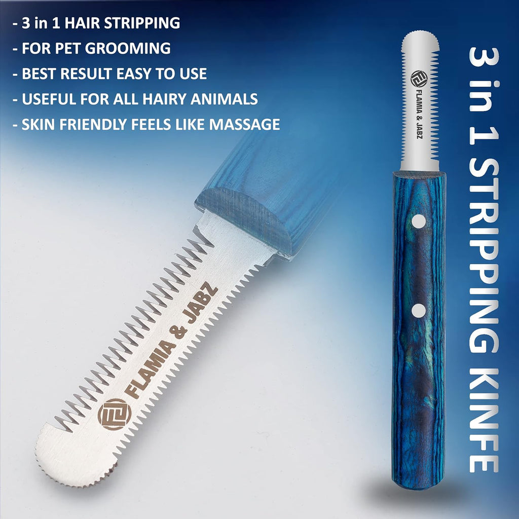Dull finish stainless steel blades of the professional dog grooming tool set