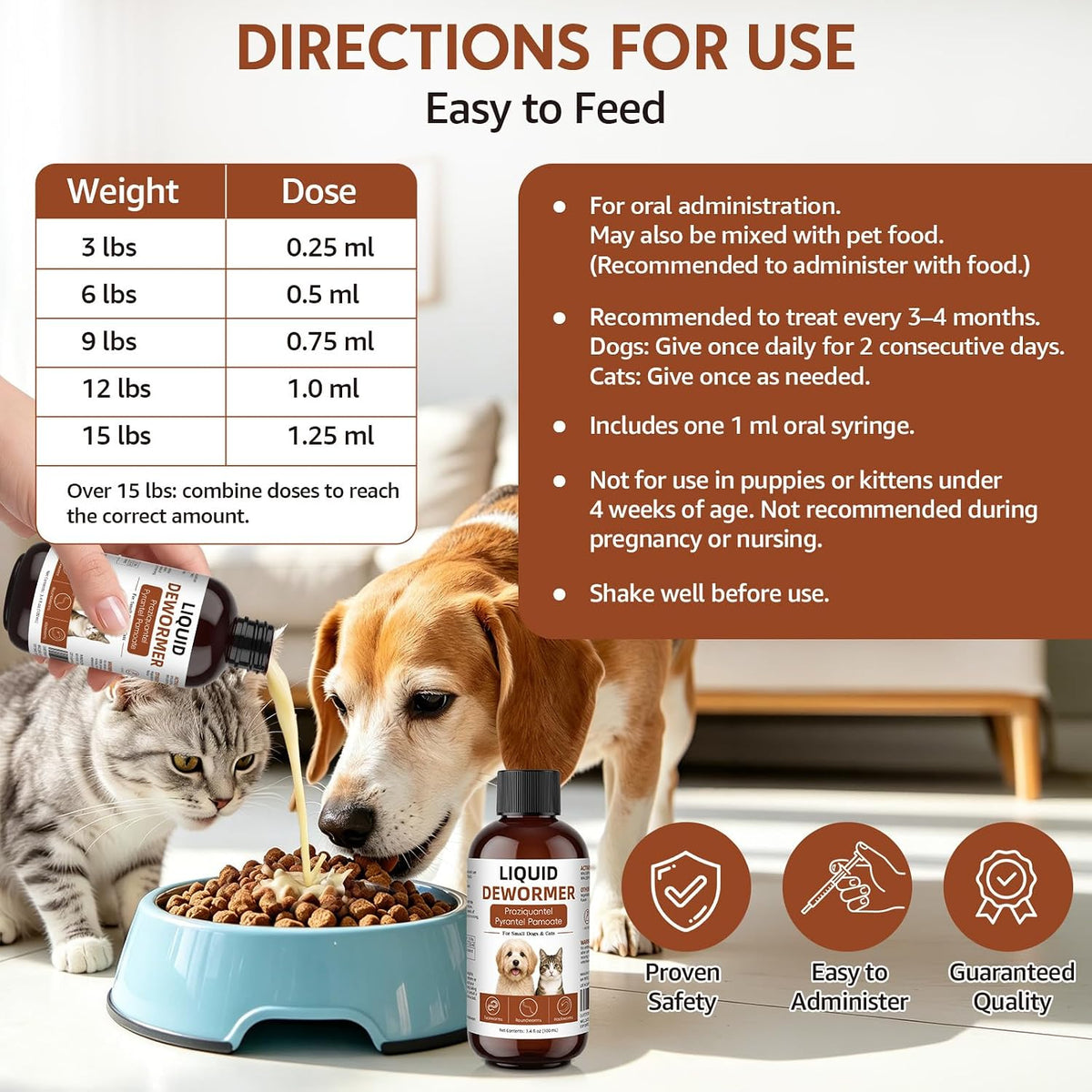 Chicken flavored broad spectrum wormer for puppies and kittens showing easy administration.