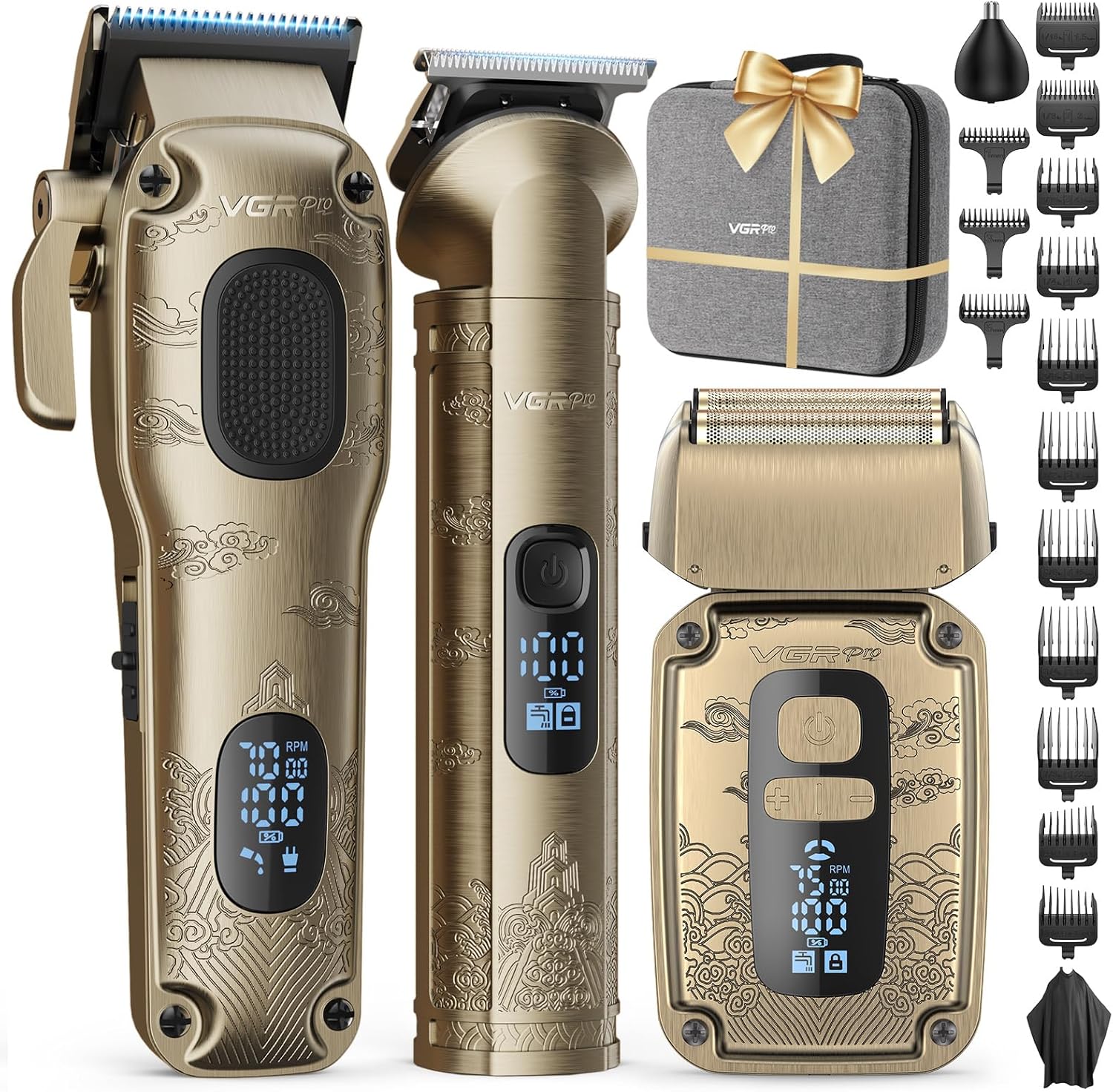 VGRPRO professional hair clipper and trimmer set front view showing premium gold embossed design
