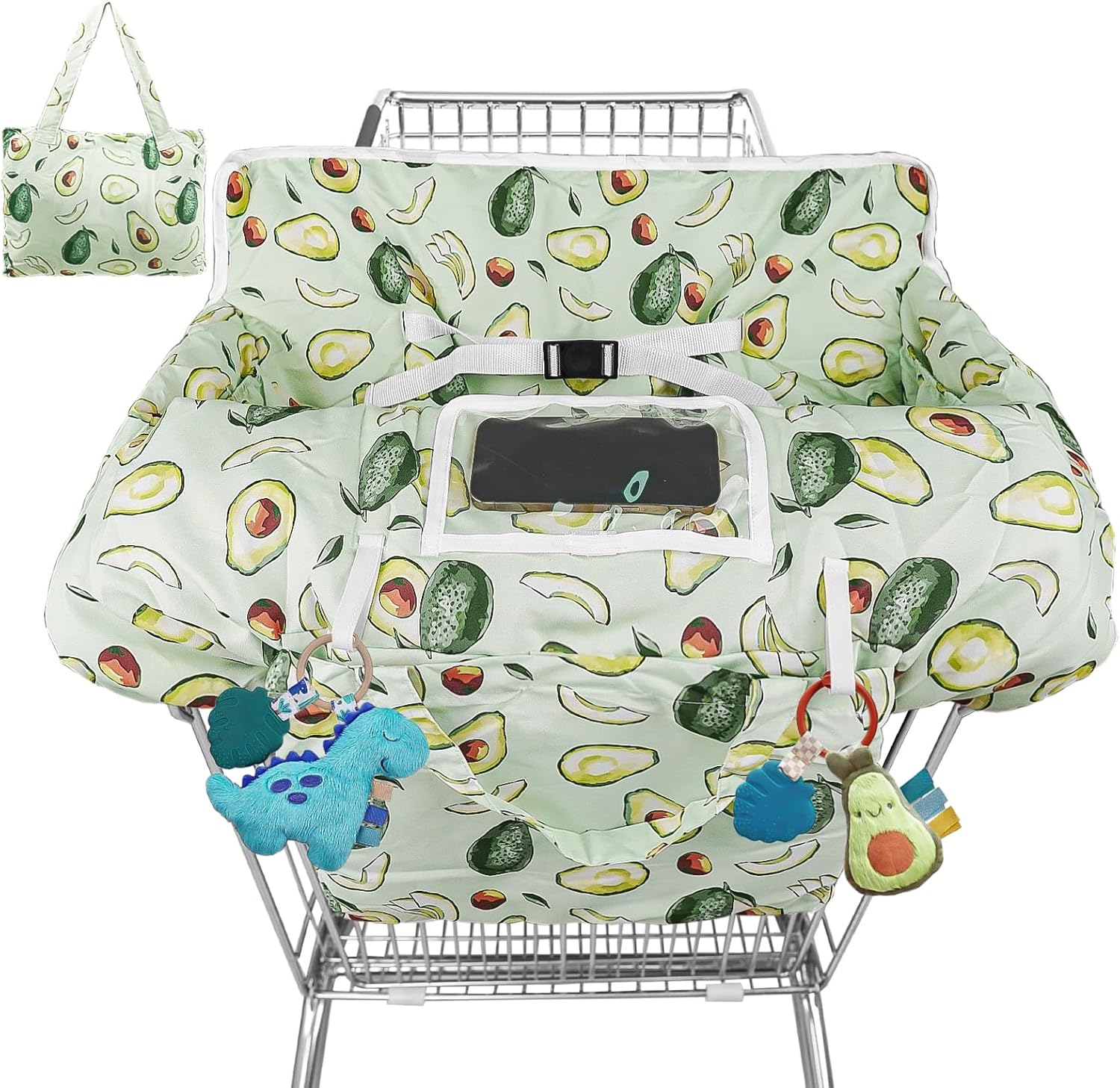 Wruzbxcn shopping cart cover for baby front view showing green avocado print.