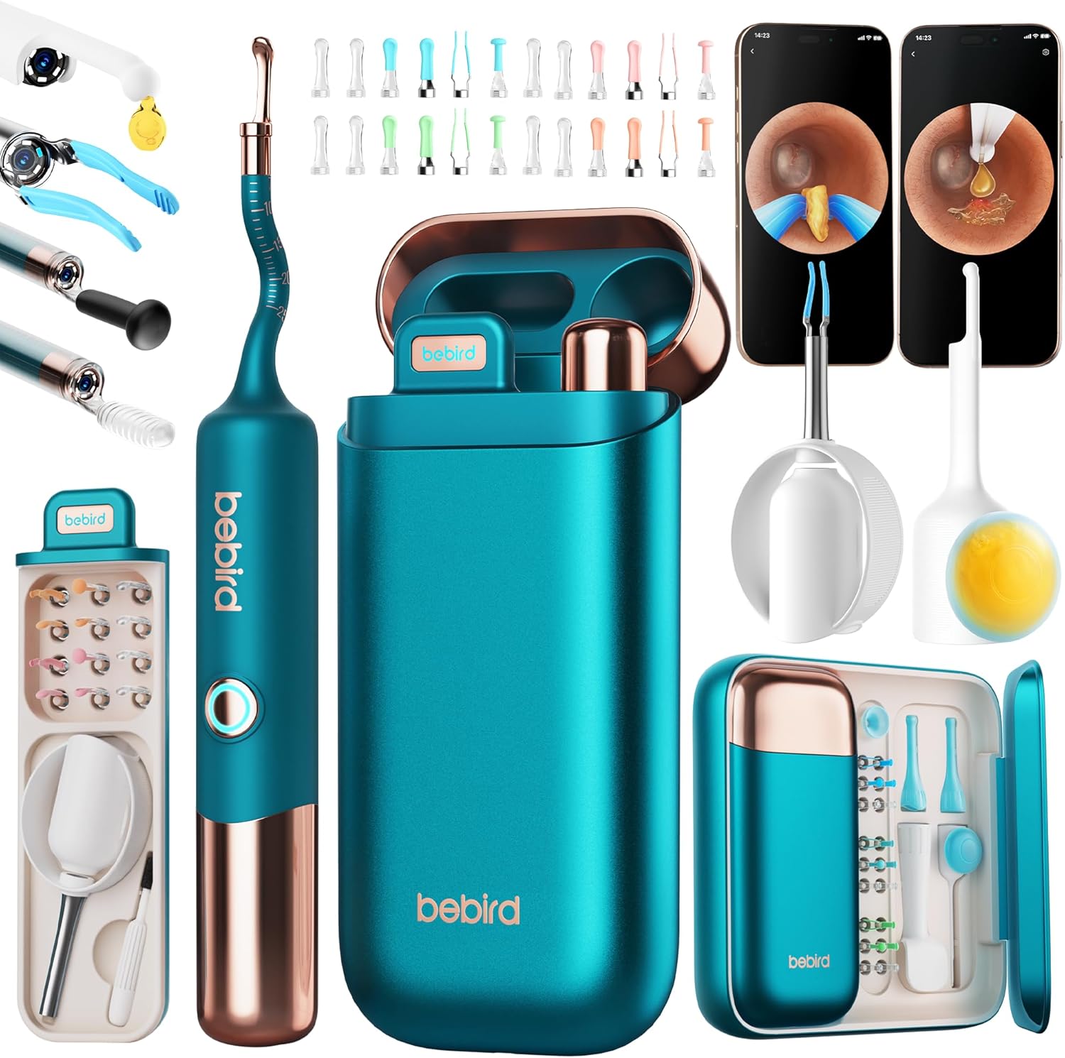 Bebird Earsight Ultra ear wax removal kit front view showing the smart teal storage case and main camera tool.