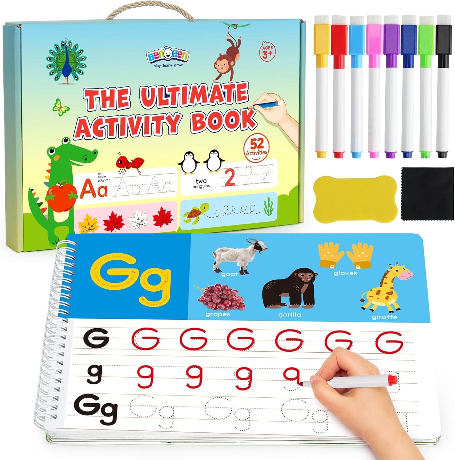 BenBen Preschool Learning Activities workbook front view highlighting educational tracing pages.