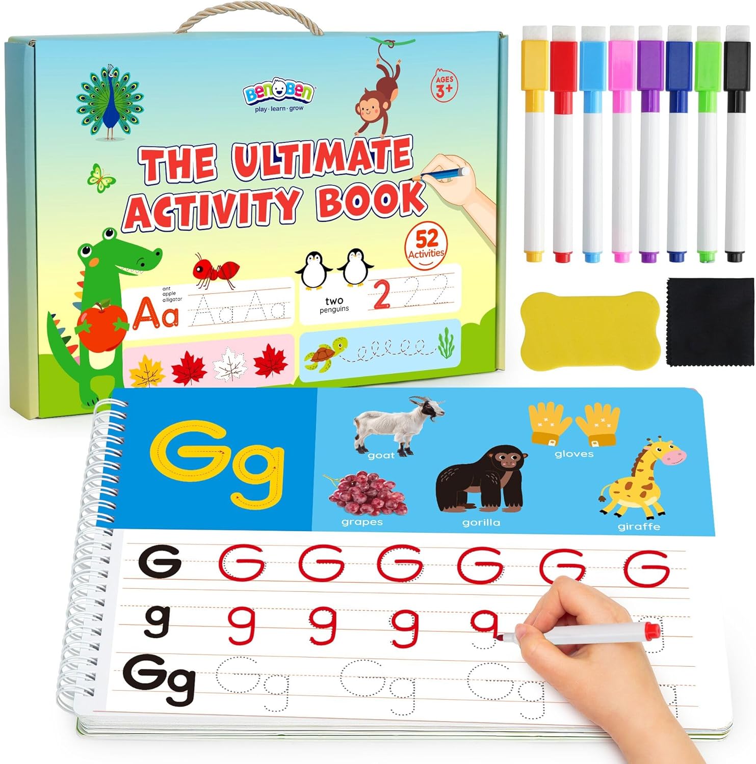BenBen Preschool Learning Activities workbook front view highlighting educational tracing pages.