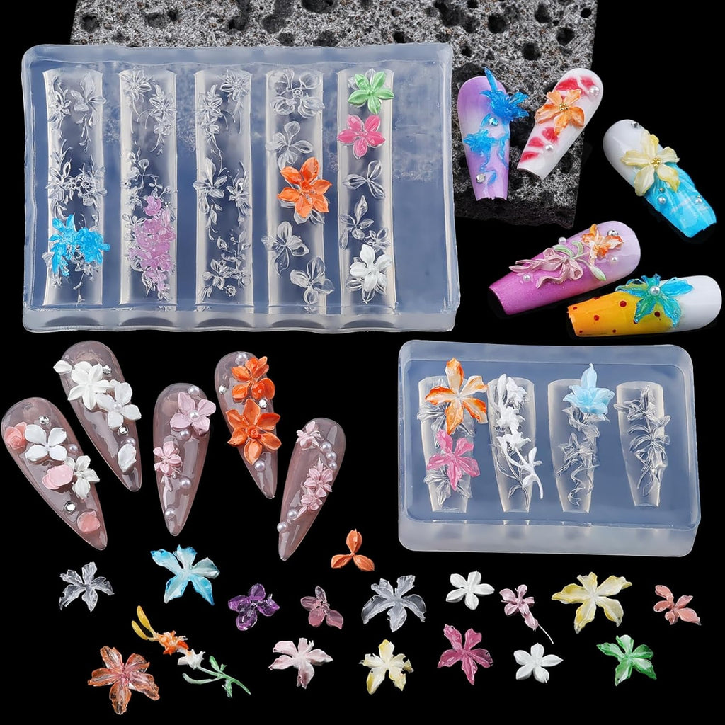 Kikonoke flower silicone nail art molds front view showing clear embossed templates for 3D floral manicure designs.