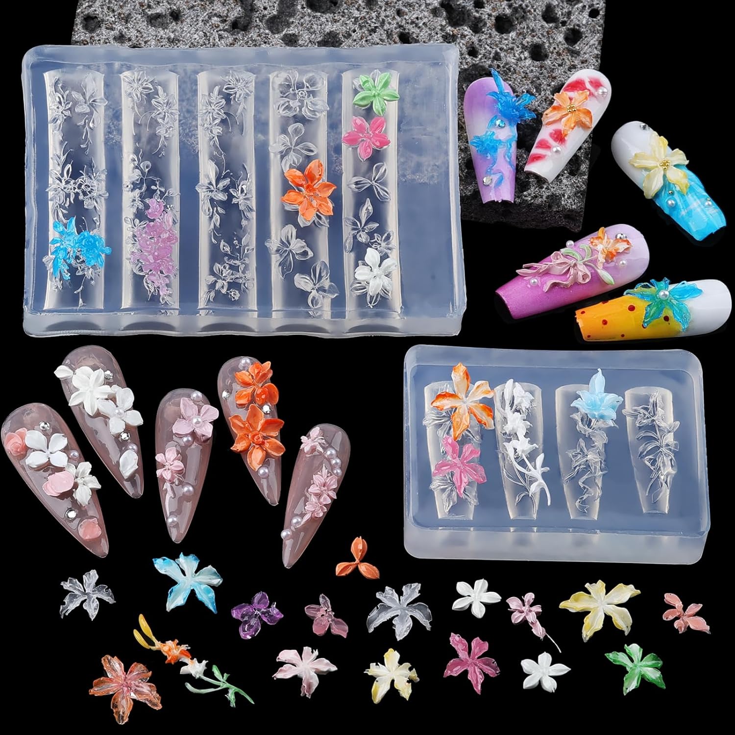 Kikonoke flower silicone nail art molds front view showing clear embossed templates for 3D floral manicure designs.