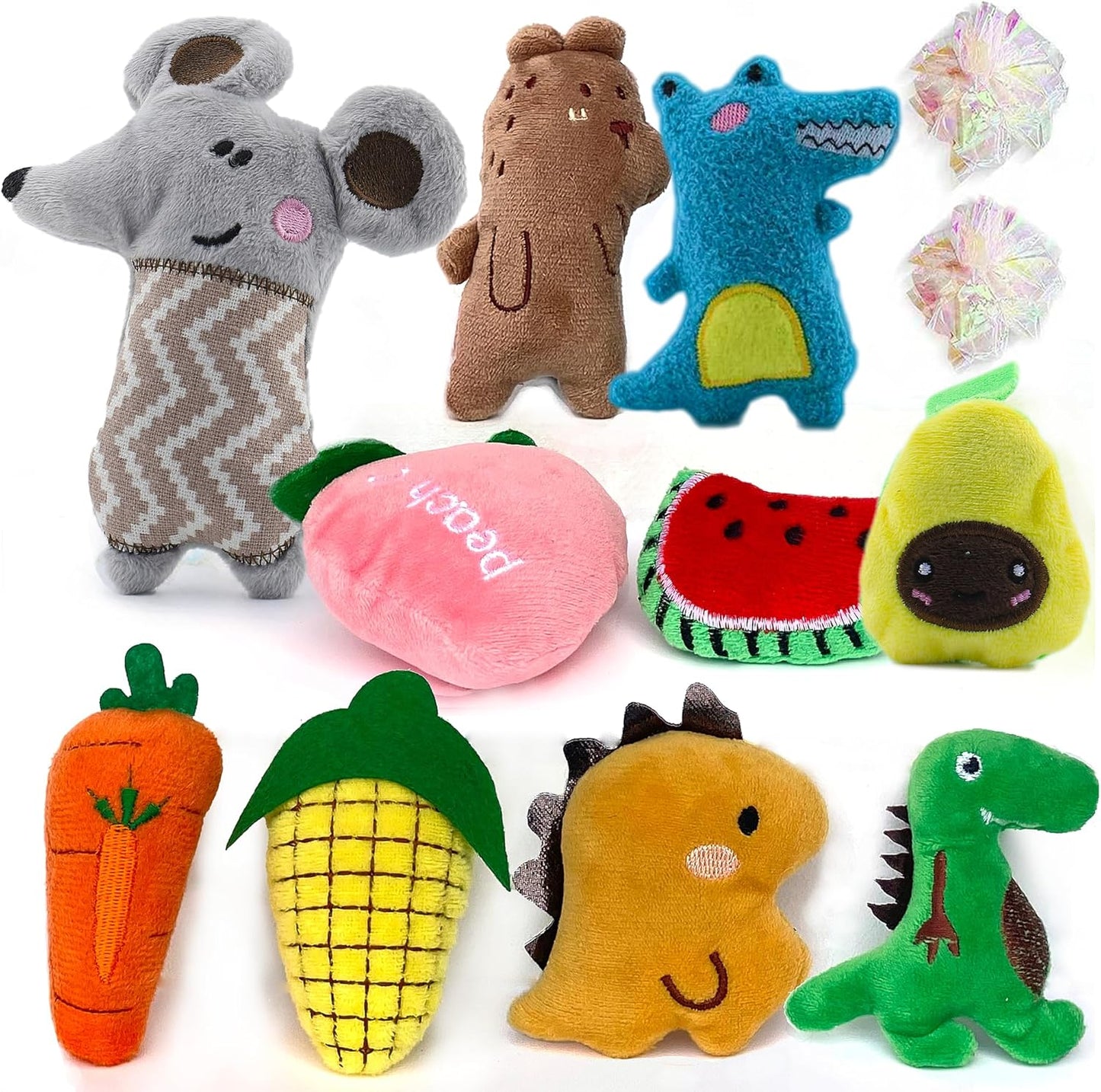 Set of six safe and durable crinkle paper cat toys top view.