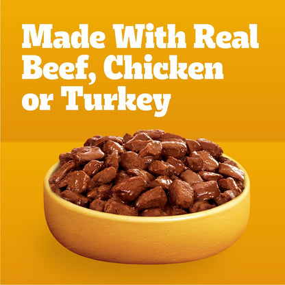 Bowl filled with Pedigree high protein wet dog food with real meat pieces
