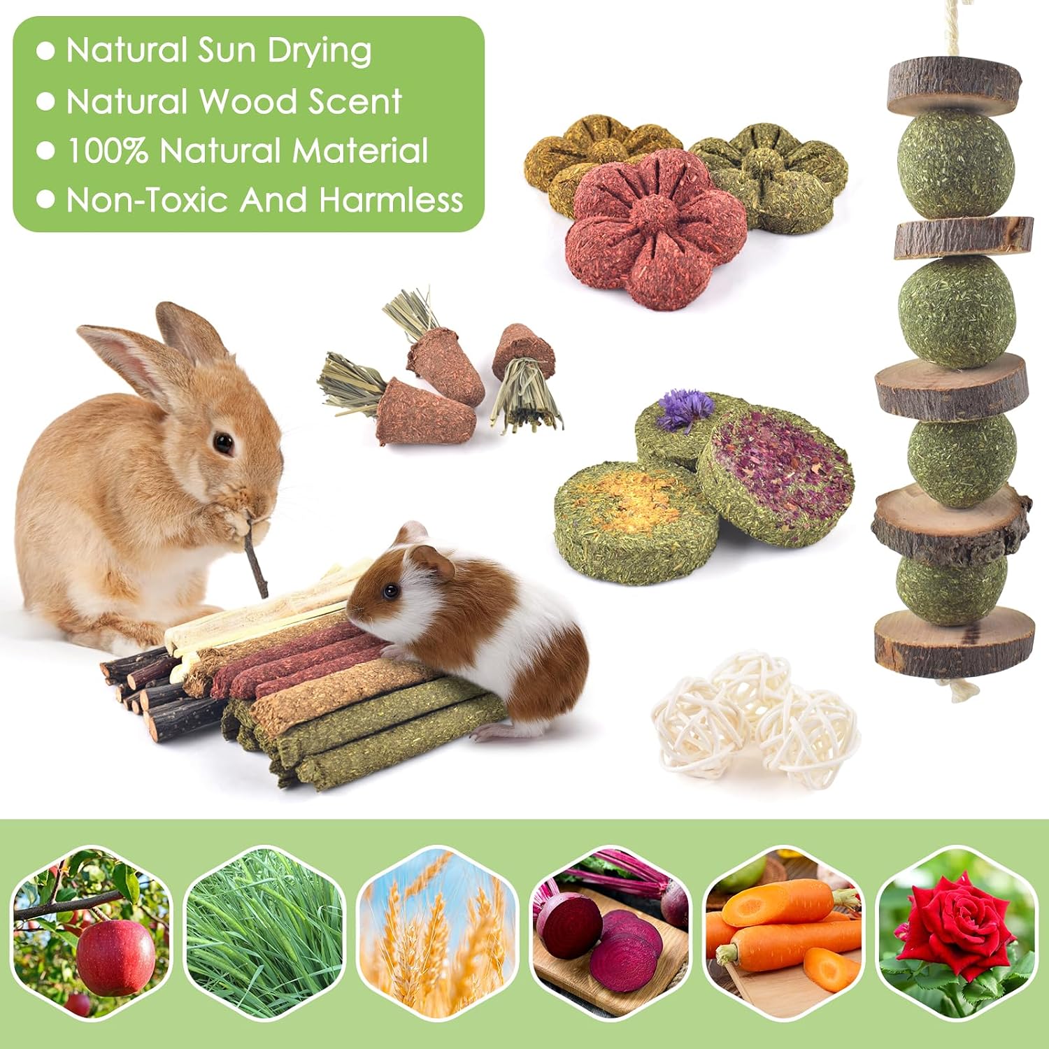 Organic apple wood sticks and woven grass balls for bunny tooth grinding close up layout